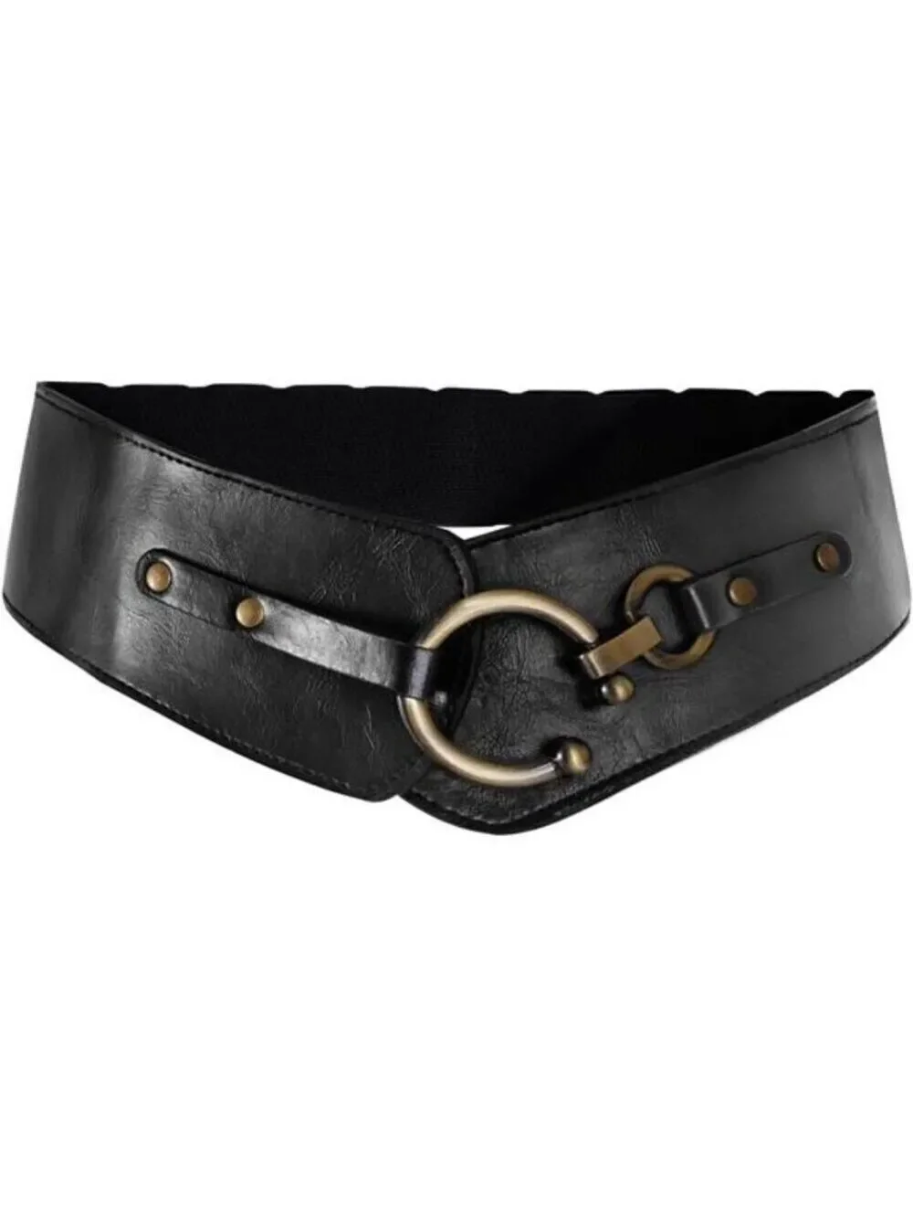 Women's Wide Elastic Waist Belt  Black Vegan Leather Stretch Interlock Buckle